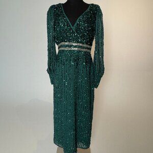 MAC DUGGAL Sequin V-Neck Long Bishop Sleeve Midi Dress